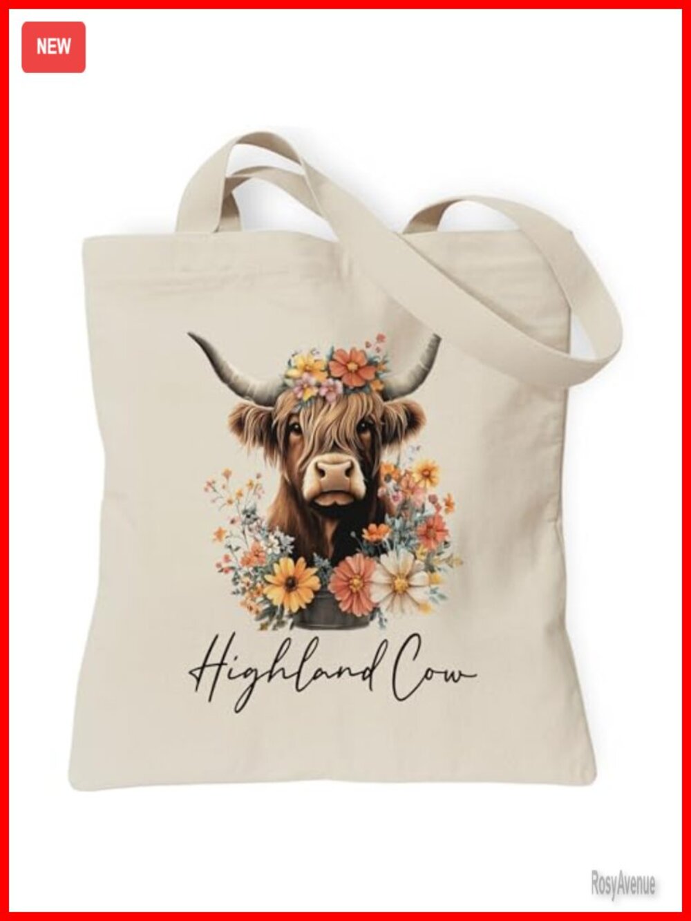 Canvas Tote Bag Highland Cow Floral Reusable Shoulder Bag Inner Pocket
